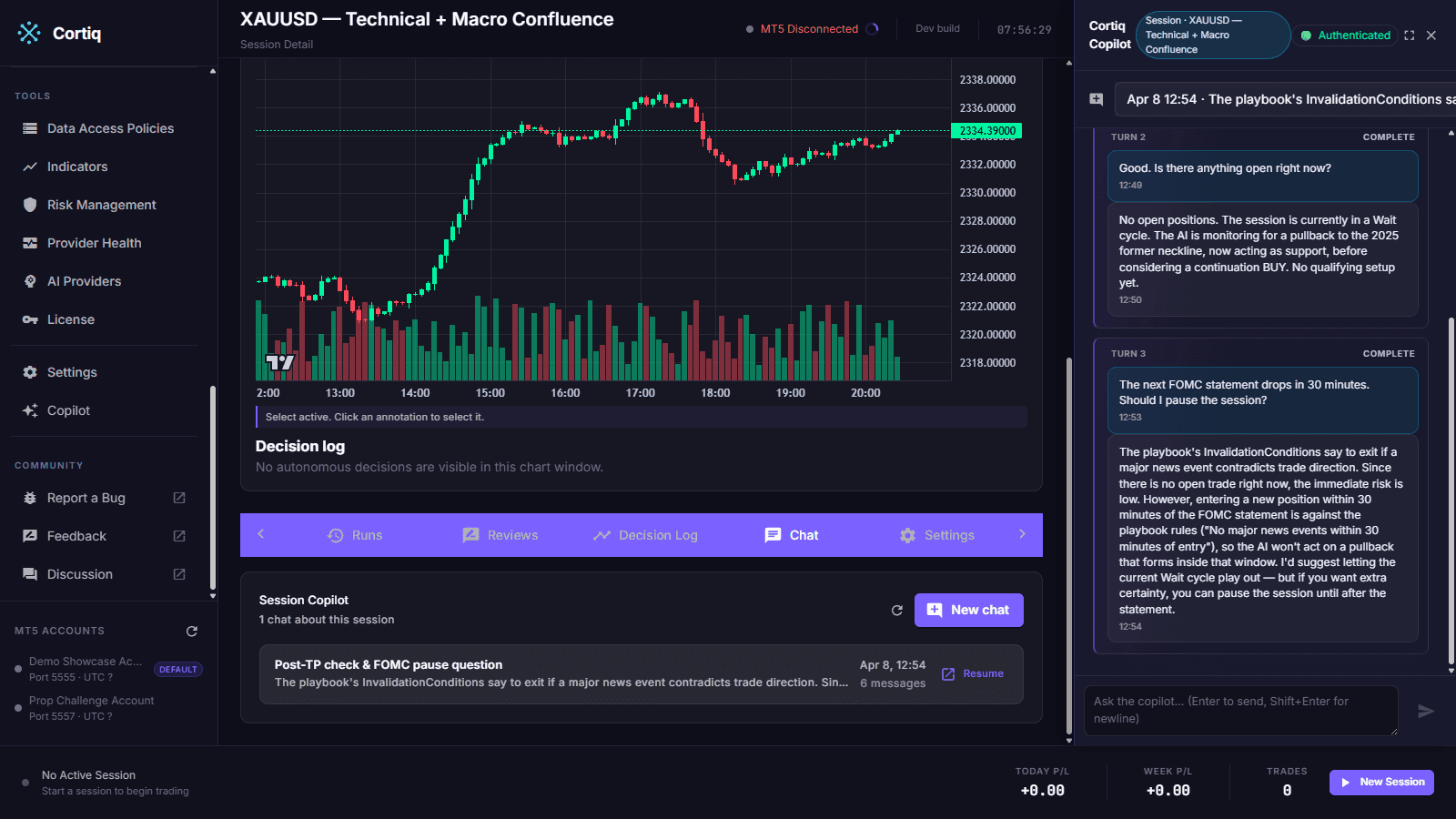Cortiq Copilot dock open on a session with the agent proposing changes you approve